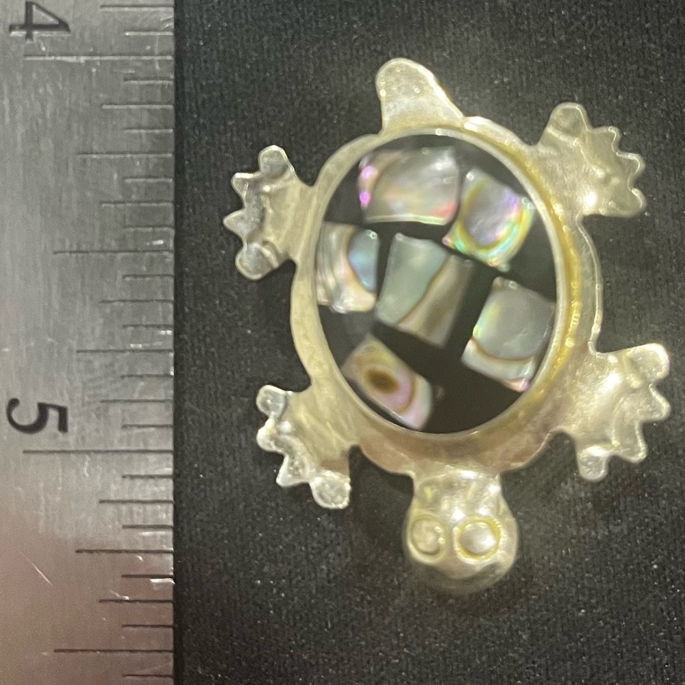 Vintage Handmade Alpaca Silver Tone Fancy Iridescent Abalone Cute Turtle Brooch